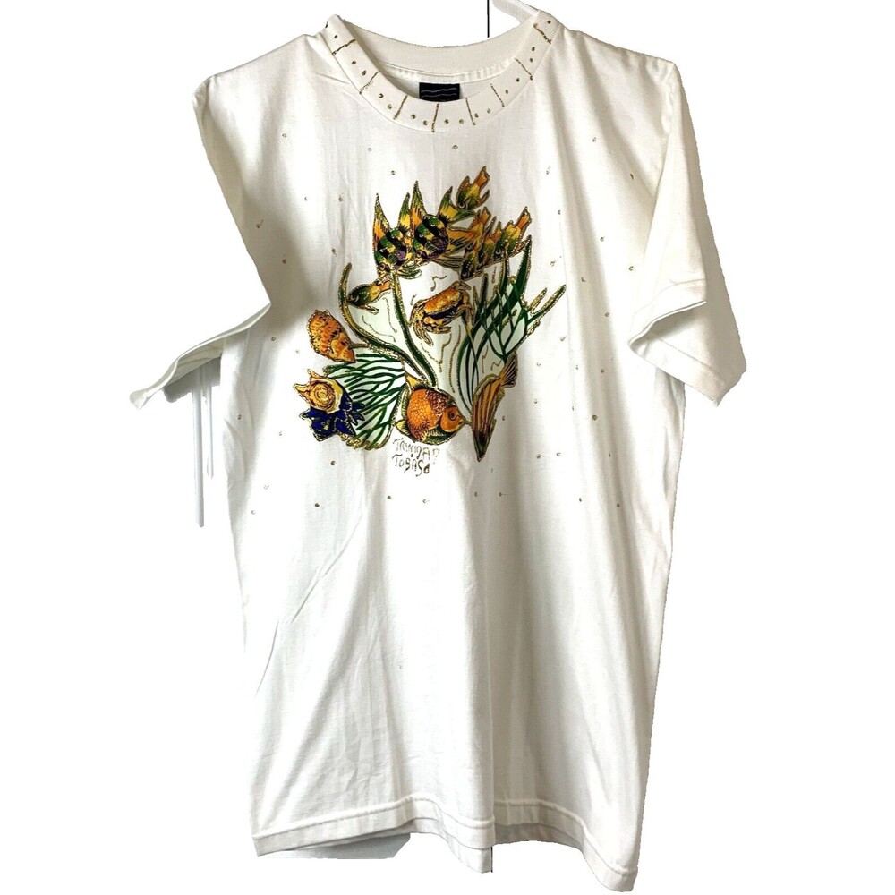York Trinidad T-Shirt Womens Medium Sea-Life Gold Thread Embroidery Coastal